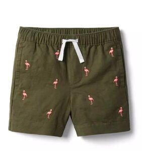 Janie and Jack Green Shorts with Embroidered Pink Flamingos